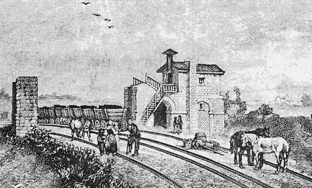 L'arrivée du charbon au port d'Andrézieux vers 1836. Auguste Victor Deroy et Charles Motte, « Les rives de la Loire dessinées d’après nature et lithographiées », 1836. Source https://aventuredutrain.com/p-11-le-premier-chemin-de-fer-du-continent.html
