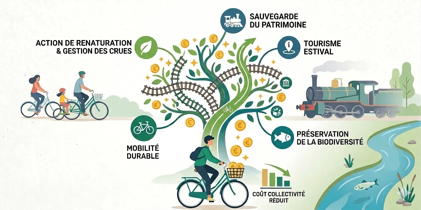 Un arbre stylisé dont les branches amènes au différentes pistes de financement : Sauvegarde du patrimoine, Action de renaturation et gestion des crues, Mobilité durable, Présevation de la biodiversité, Tourisme estival, Cout collectivité réduit.