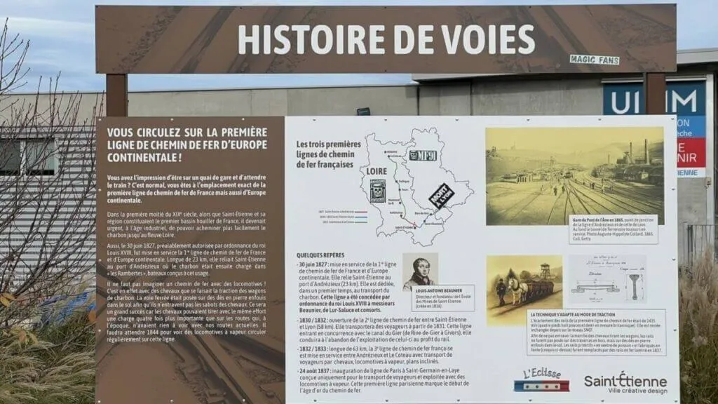 Un panneau intitulé Histoire de voies. Vous circulez sur la première ligne de chemin de fer d'Europe continentale.